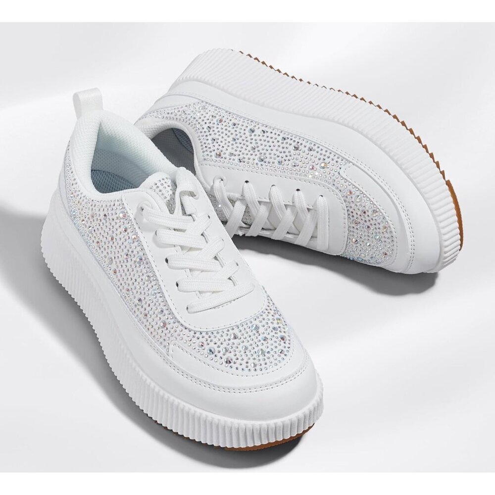 Women's White Rubber Rhinestone Fashion Chunky Casual Sparkly Braided Sneaker